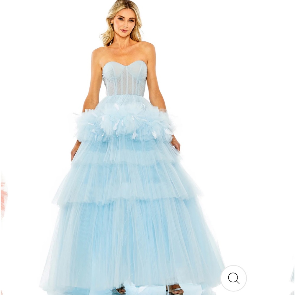 Mac Duggal strapless tulle dress with feather details
